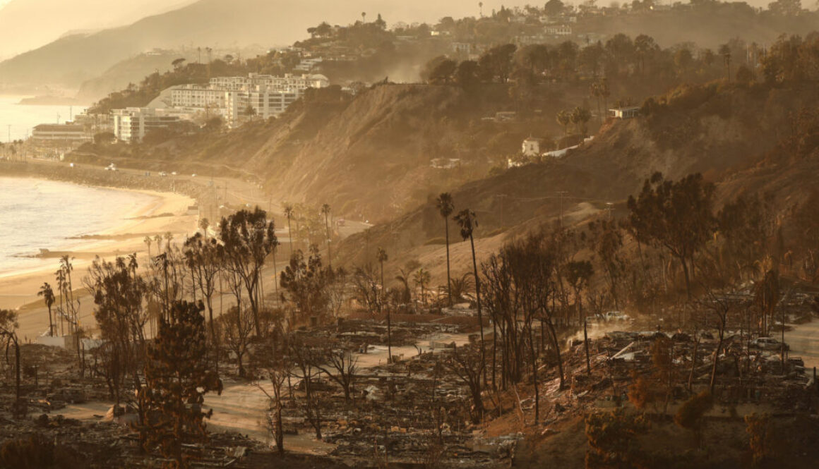 A view of destroyed homes is seen as the Palisades fire continues to burn on January 10 in Pacific Palisades, California. Mario Tama/Getty Images